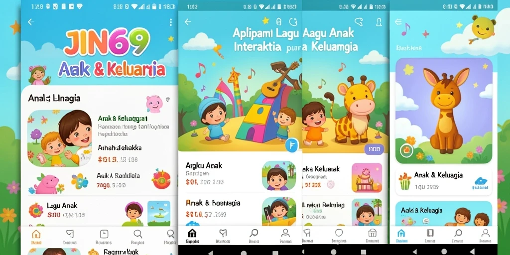 Antarmuka aplikasi JIN69 dengan pilihan lagu-lagu anak yang menarik.